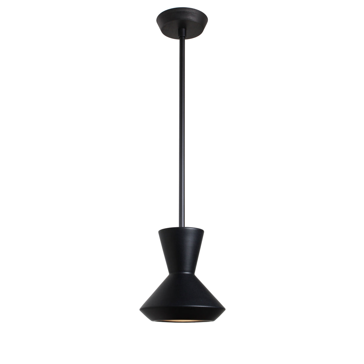 Bobbie Rod Pendant shown in Eclipse Black Glaze Ceramic with a Matte Black Metal finish and a Black Stained Wood finish canopy
