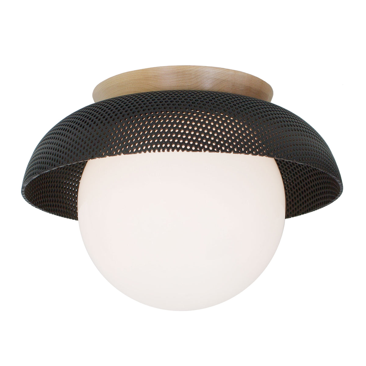 Lexi Large 8” shown with a Perforated shade in Matte Black and Maple canopy