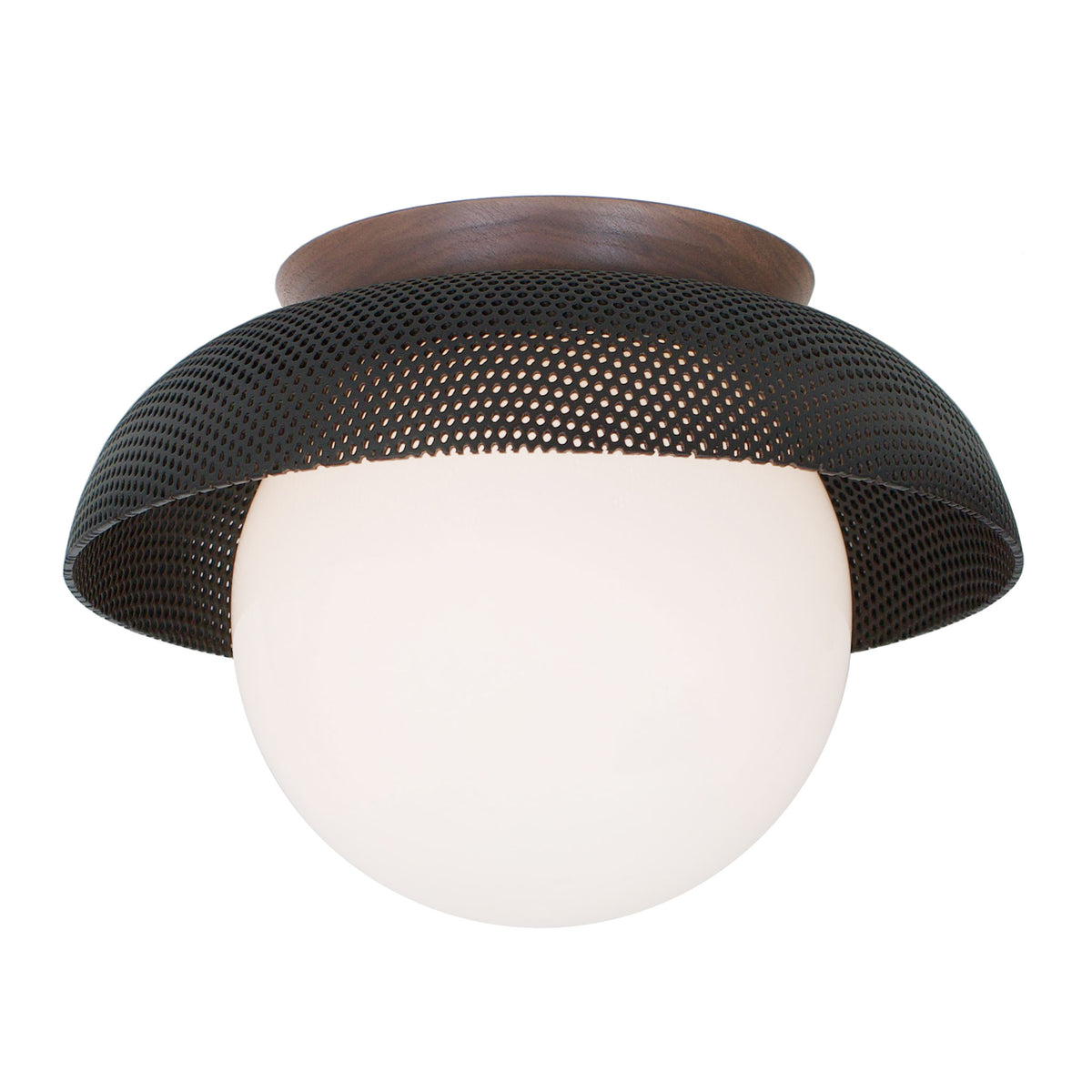 Lexi Large 8” shown with a Perforated shade in Matte Black and Walnut canopy