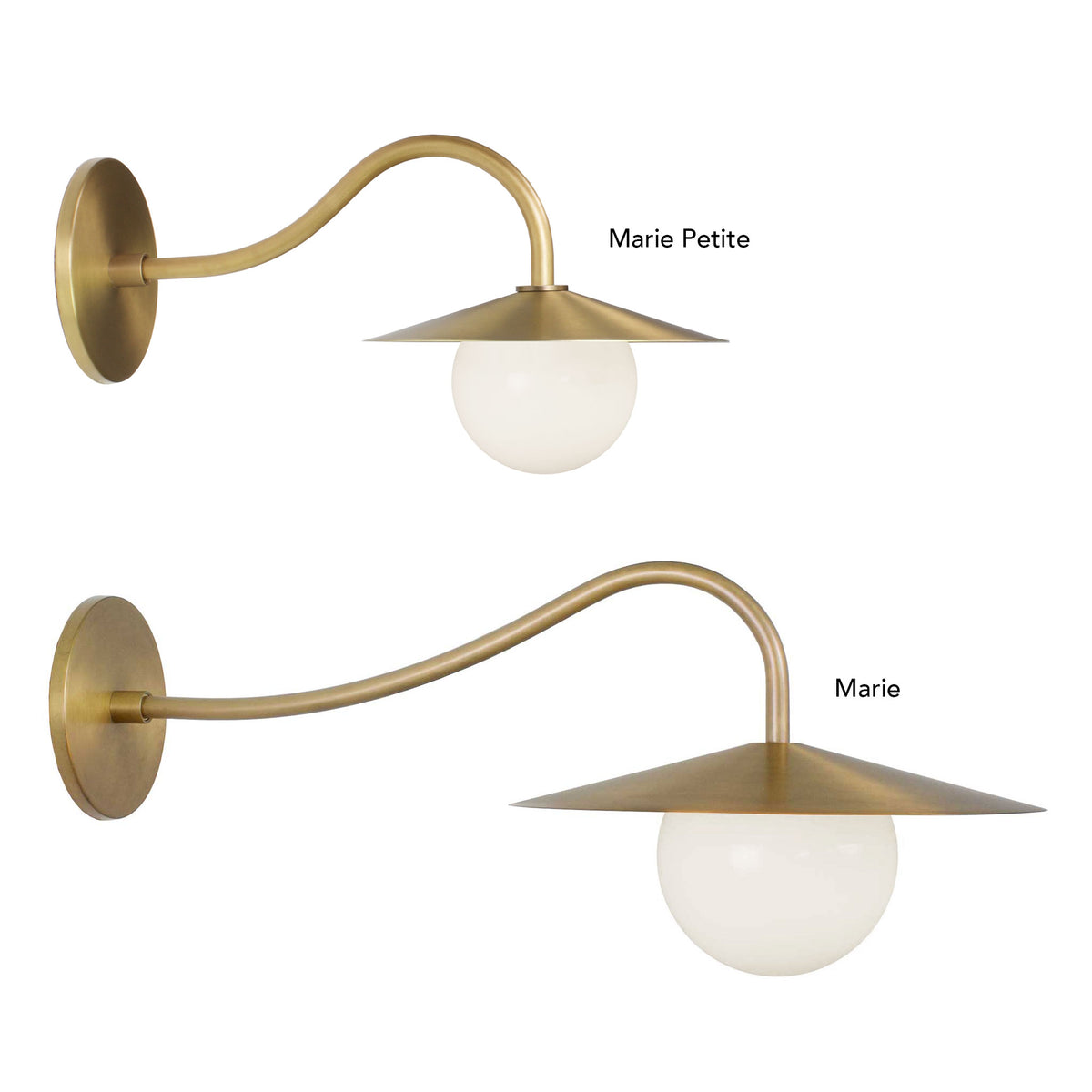 Marie Petite Sconce and Marie Sconce shown in Heirloom Brass