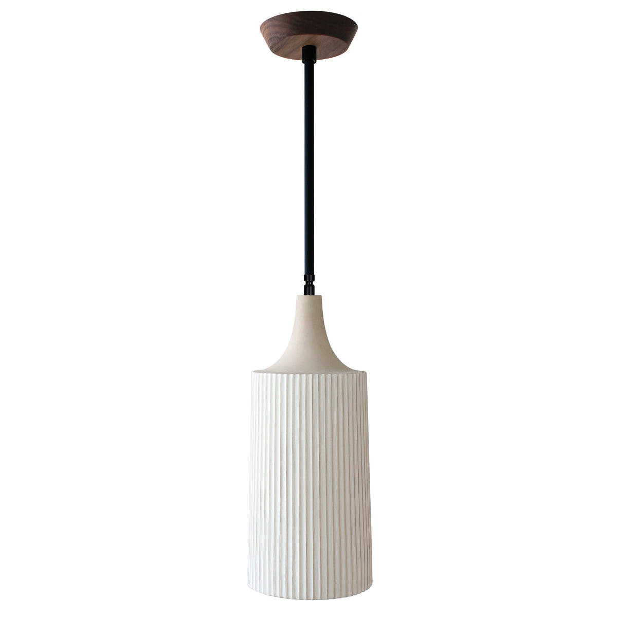 Tumwater Large Pendant shown in Matte Black with Walnut canopy