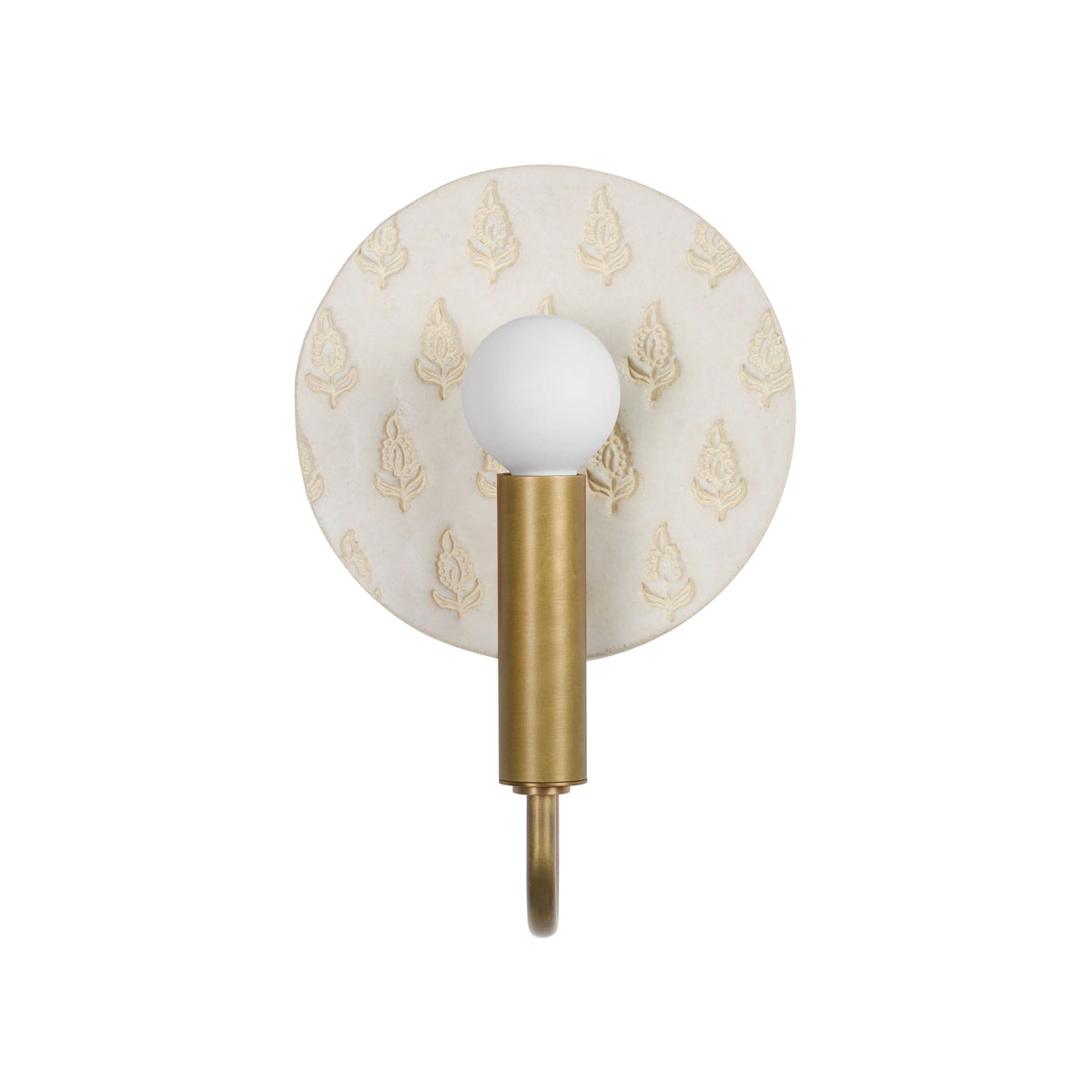 Edith ADA Sconce shown in Heirloom Brass with a Natural White and Cream Floral Ceramic Canopy