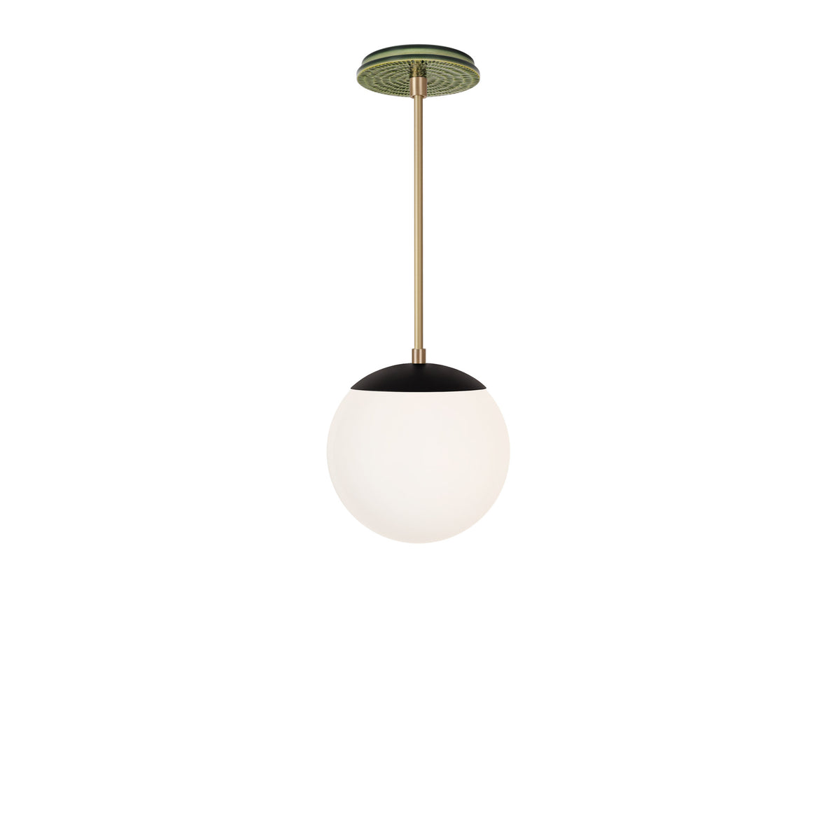 Alto Rod 8” Opal shown in Matte Black with Brass and a Forest Green Sunflower Ceramic Canopy