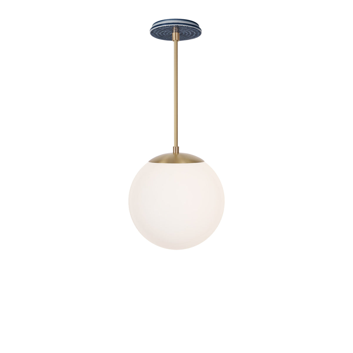 Alto Rod 10” Opal shown in Brass with an Indigo Blue Sunflower Ceramic Canopy