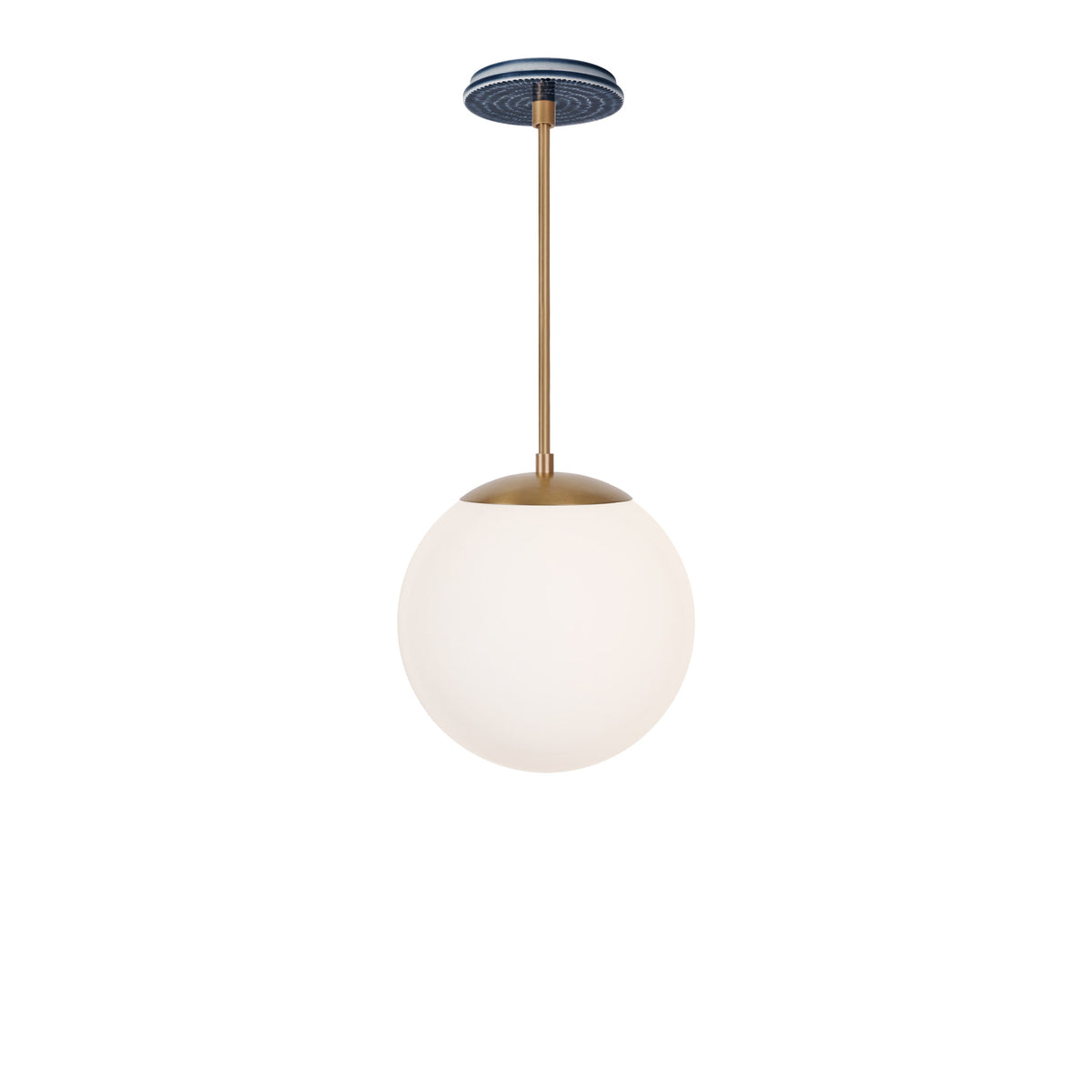 Alto Rod 10” Opal shown in Heirloom Brass with an Indigo Blue Sunflower Ceramic Canopy