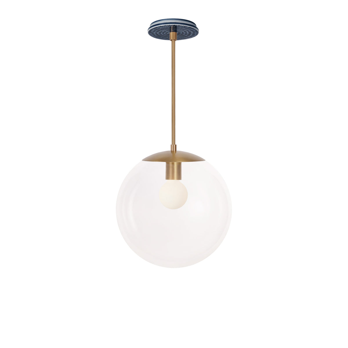 Alto Rod 12” Clear shown in Heirloom Brass with an Indigo Blue Sunflower Ceramic Canopy