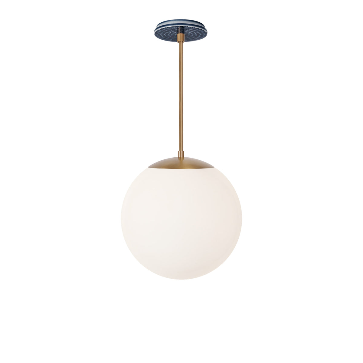 Alto Rod 12” Opal shown in Heirloom Brass with an Indigo Blue Sunflower Ceramic Canopy