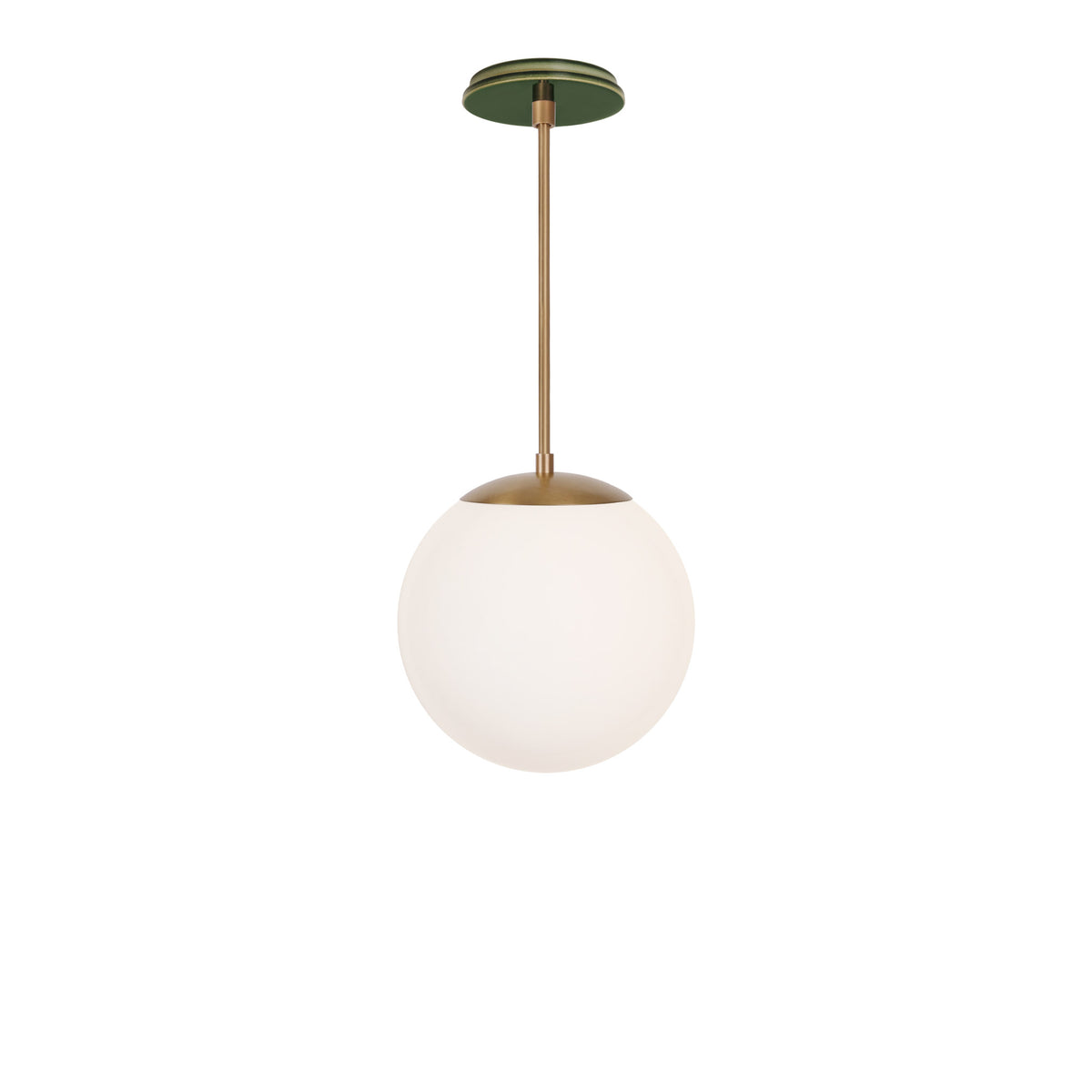 Alto Rod 10” Opal shown in Heirloom Brass with a Forest Green Swift Ceramic Canopy