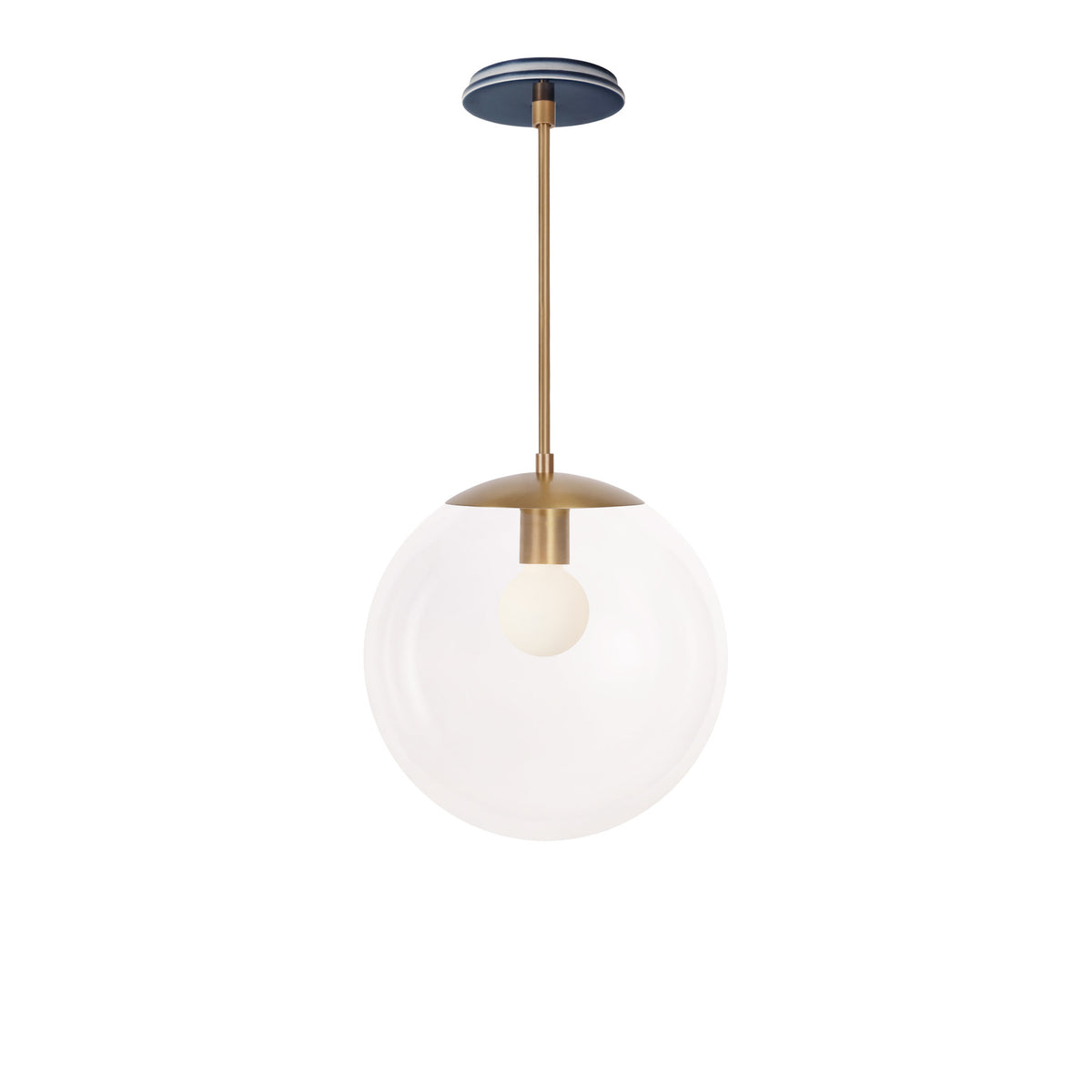 Alto Rod 12” Clear shown in Heirloom Brass with an Indigo Blue Swift Ceramic Canopy