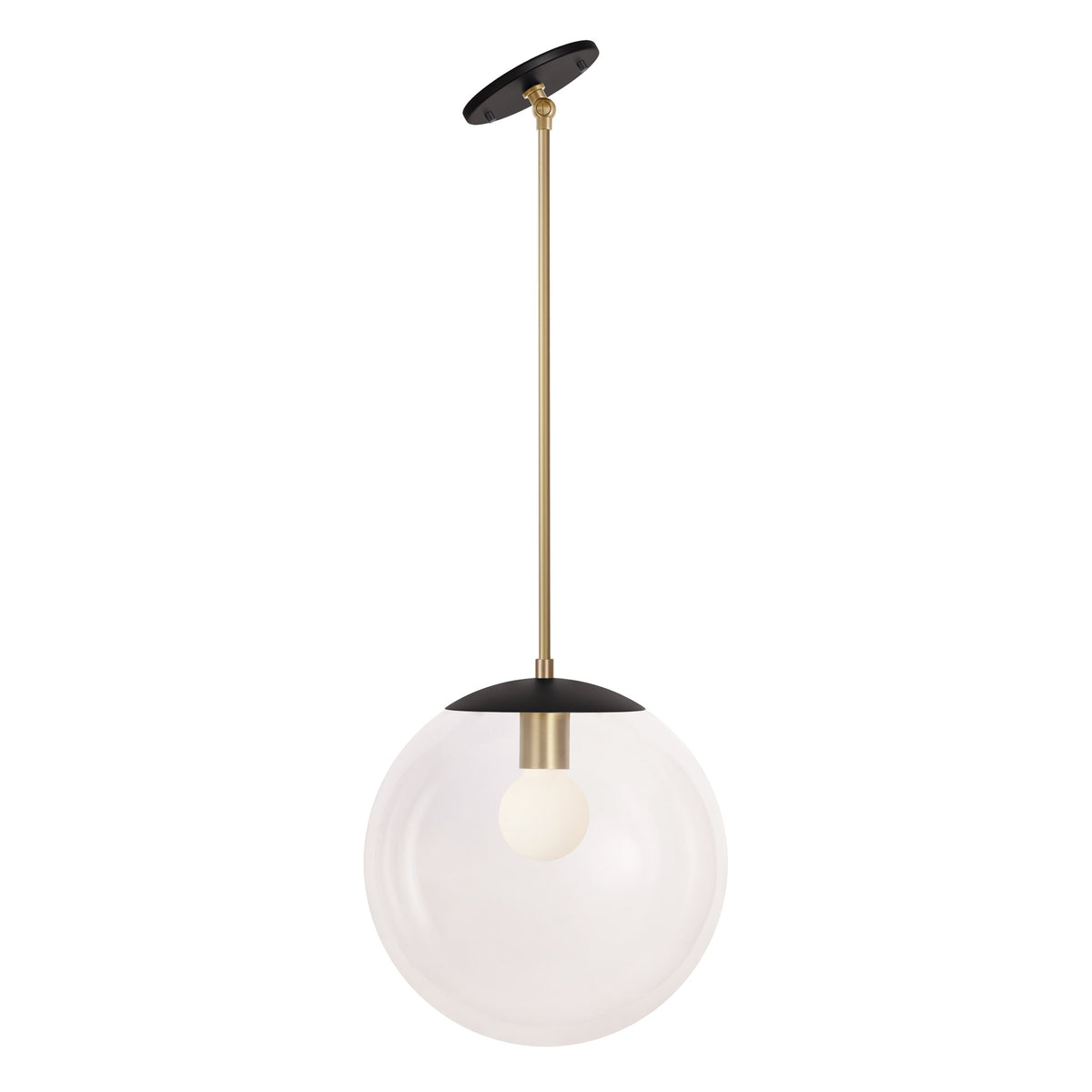 Alto Rod 12" for Vaulted Ceiling shown in Matte Black with Brass and a Clear 12" Globe