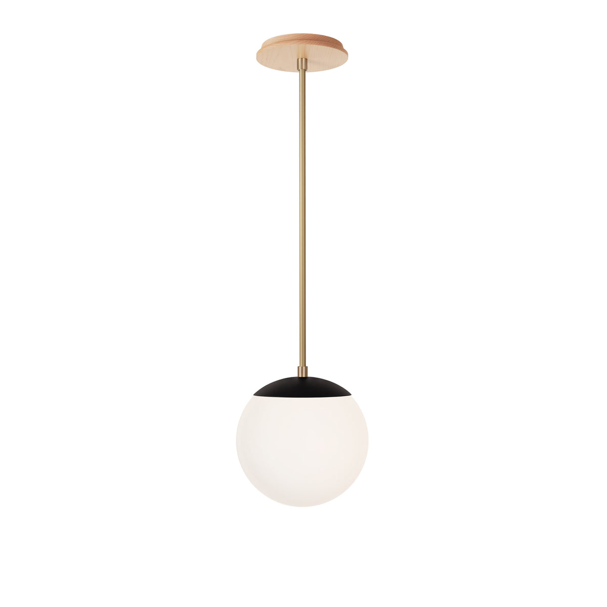 Alto Rod 8” Opal shown in Matte Black with Brass and a Maple Wood Canopy