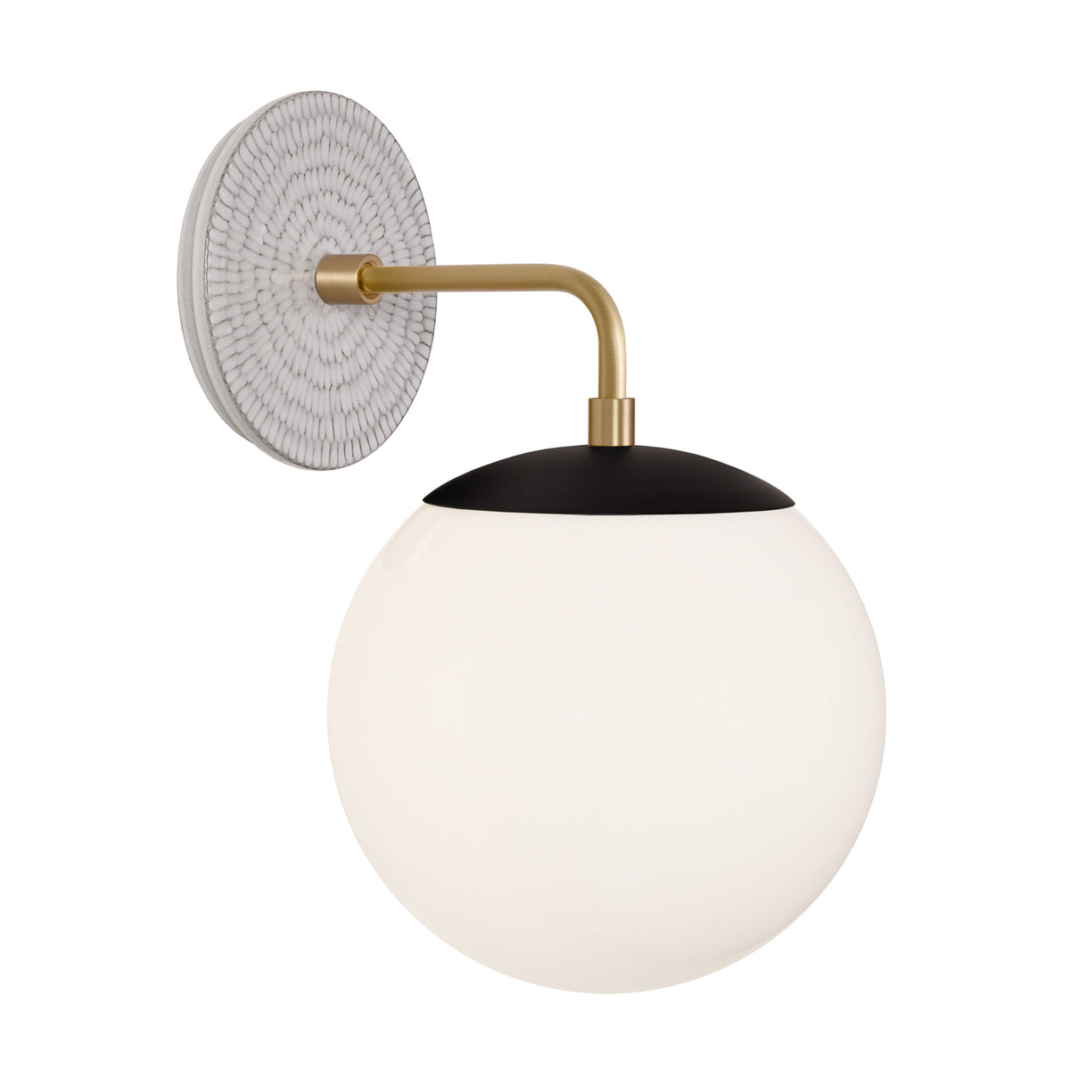 Alto Sconce 8” shown in Matte Black with Brass and a Brownstone White Sunflower Ceramic Canopy