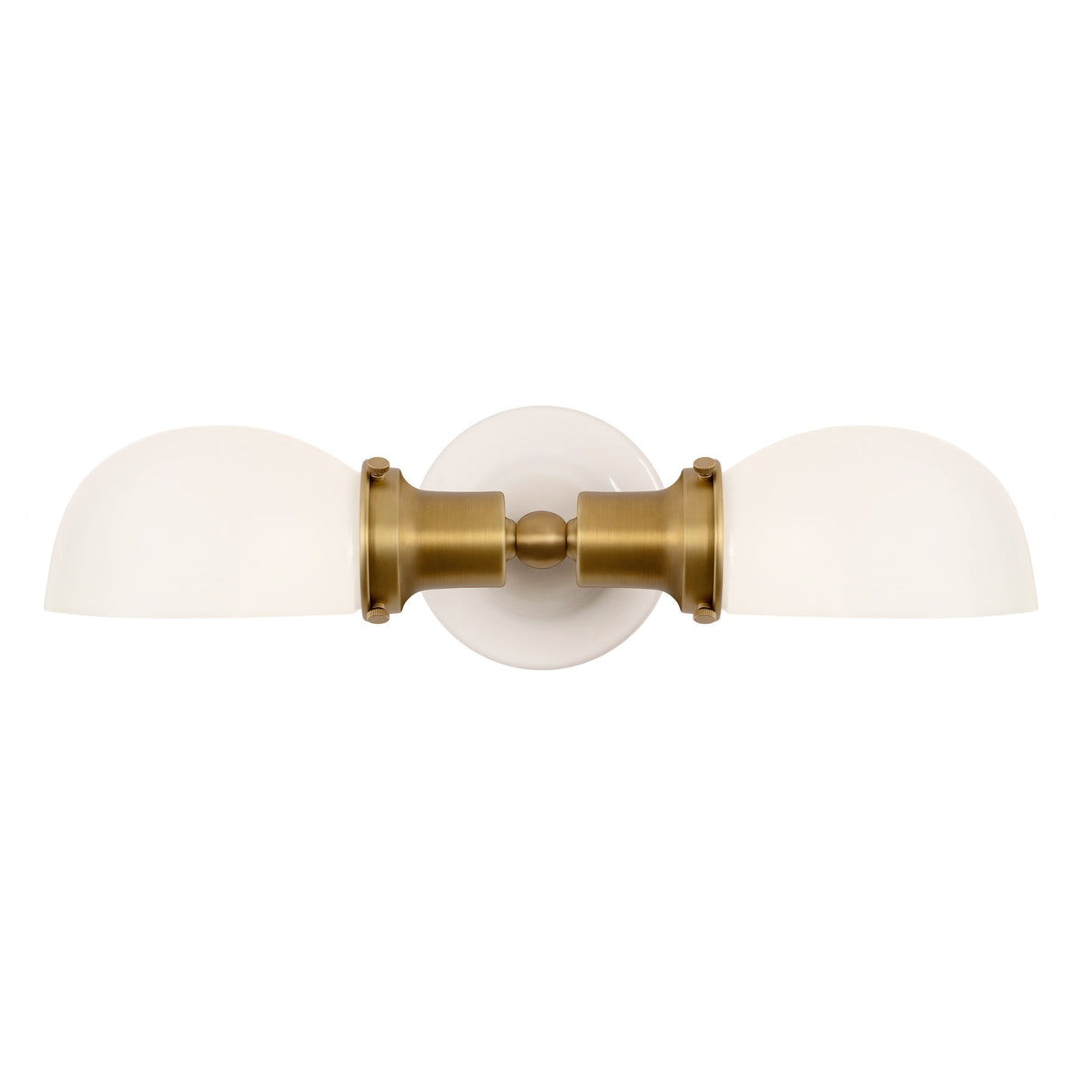 Archie Double shown in Heirloom Brass with a Gloss White Ceramic Canopy