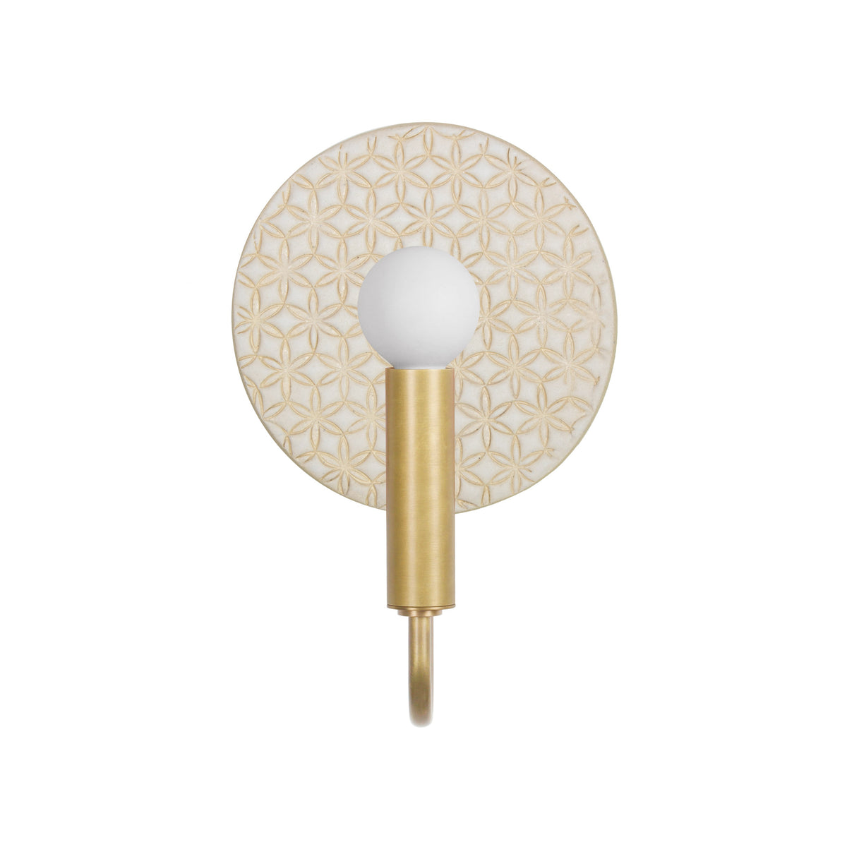 Edith ADA Sconce shown in Brass with a Natural White and Cream Quilted Ceramic Canopy