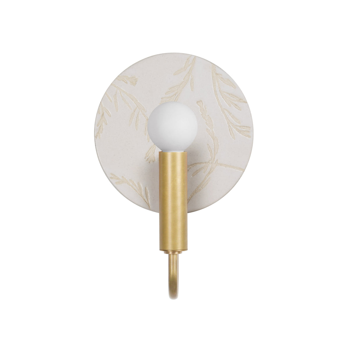 Edith ADA Sconce shown in Brass with a Natural White Tanglewood Ceramic Canopy