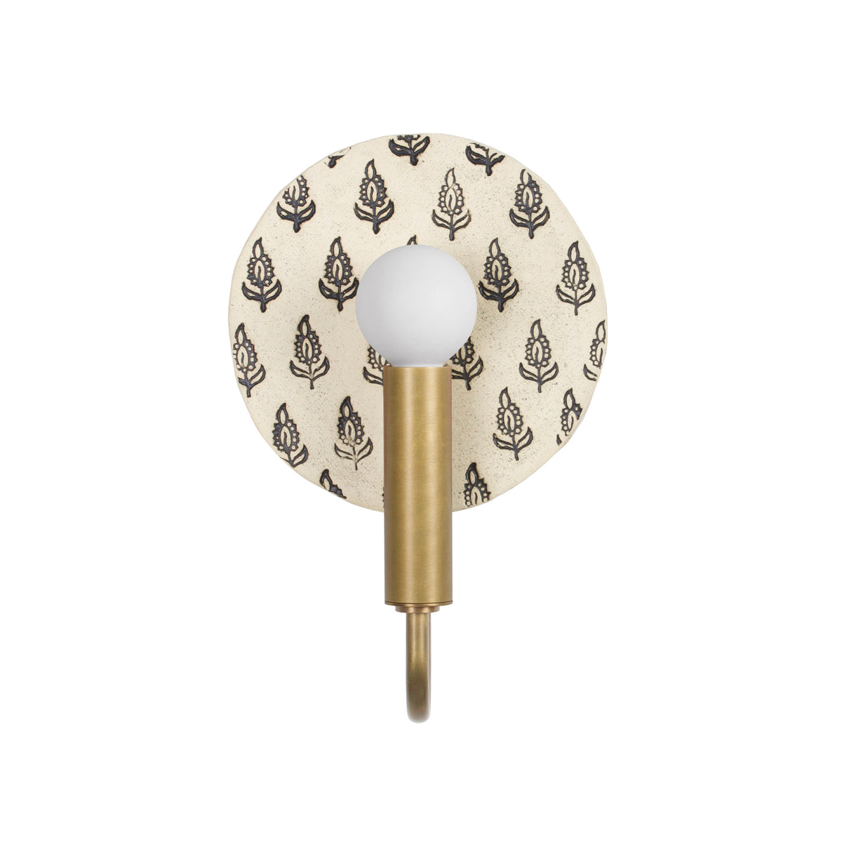 Edith ADA Sconce shown in Heirloom Brass with a Black and Cream Floral Ceramic Canopy