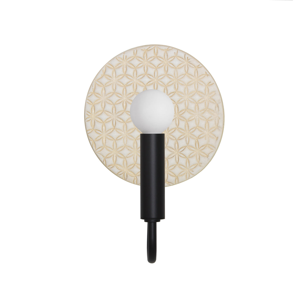 Edith ADA Sconce shown in Matte Black with a Natural White and Cream Quilted Ceramic Canopy
