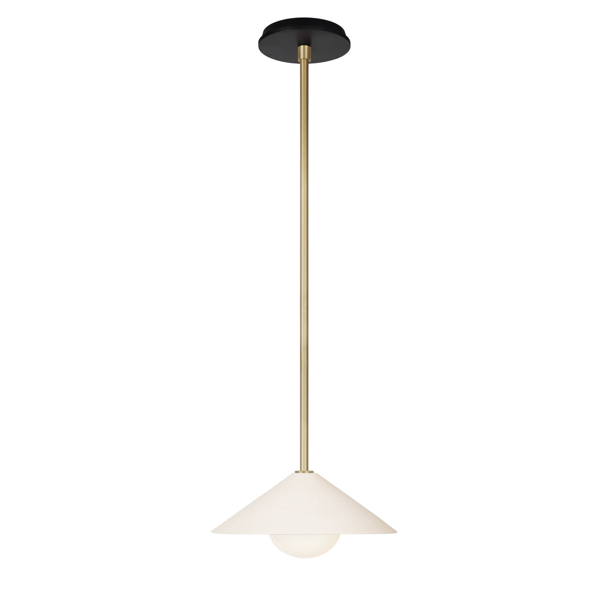 Elvia Pendant shown in Brass with a Black Stained Wood canopy