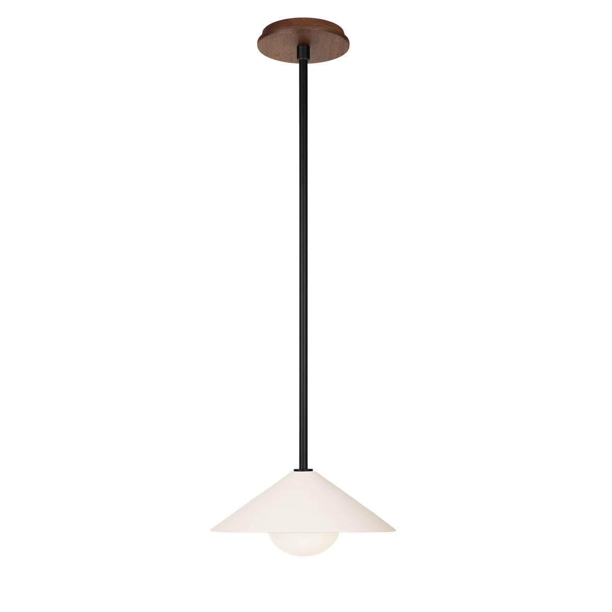 Elvia Pendant shown in Matte Black and a Walnut Wood canopy