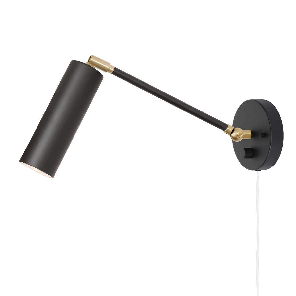 Fjord Spot Single Articulated shown in Matte Black and Brass with a Backplate Dimmer Switch and White Cord