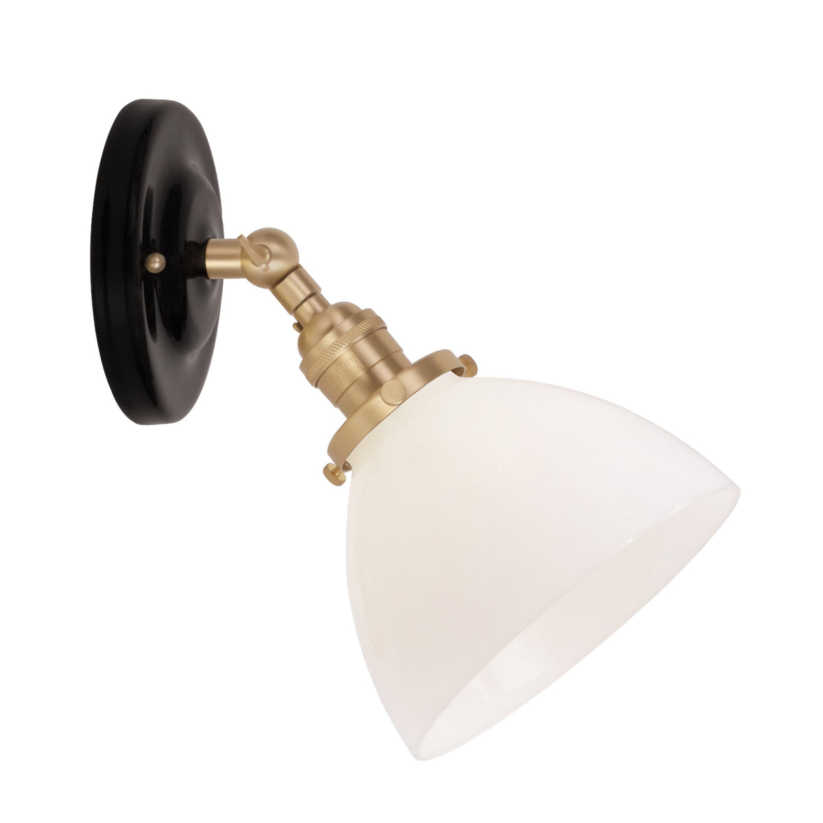 Grace Flush Sconce shown in Brass with a Gloss Black Ceramic canopy and Opal Glass shade