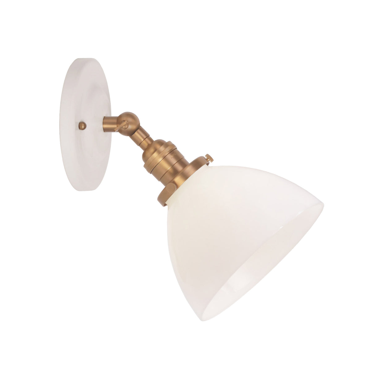 Grace Flush Sconce shown in Heirloom Brass with a Gloss White Ceramic canopy and Opal Glass shade