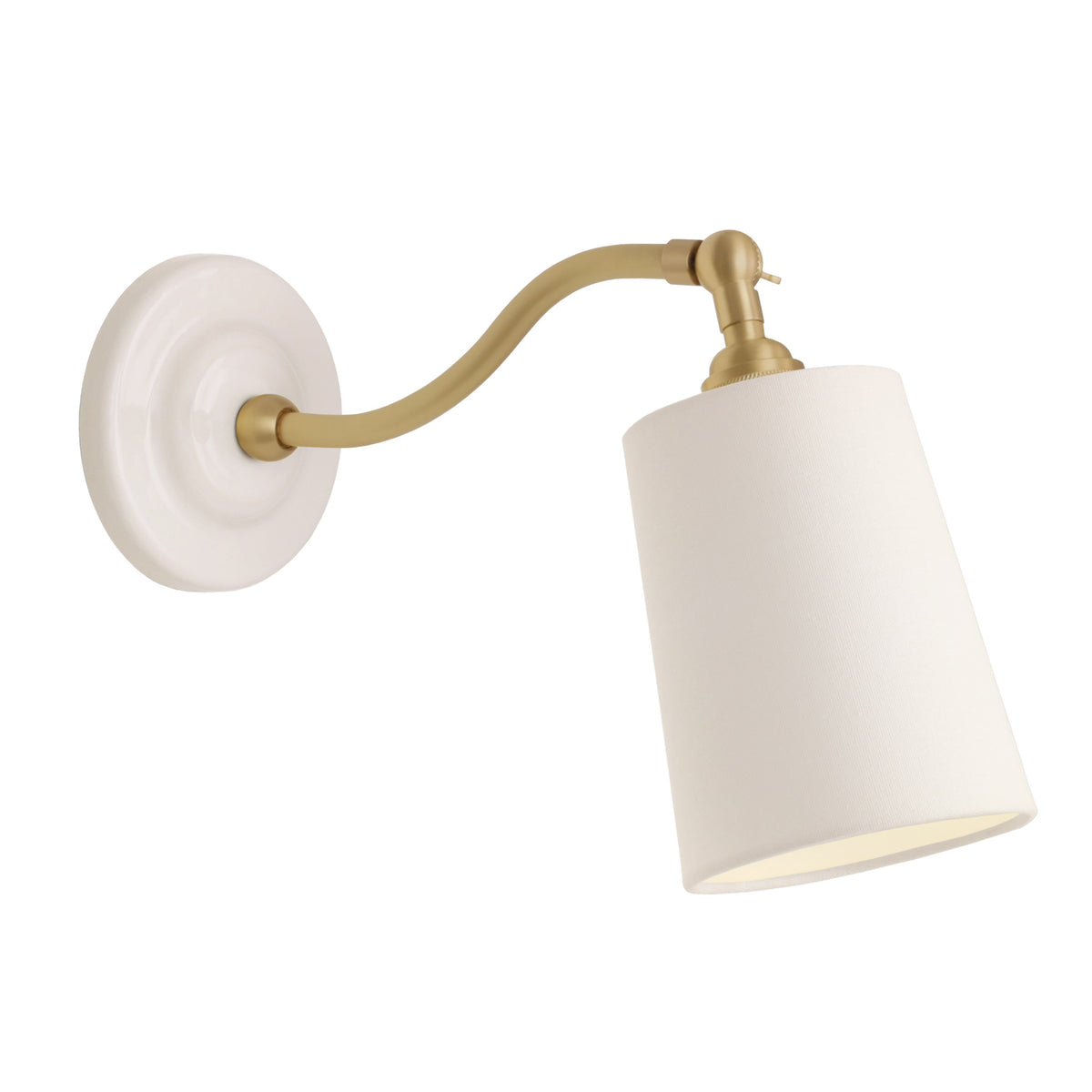 Grace Linen Sconce shown in Brass with a Gloss White Ceramic canopy