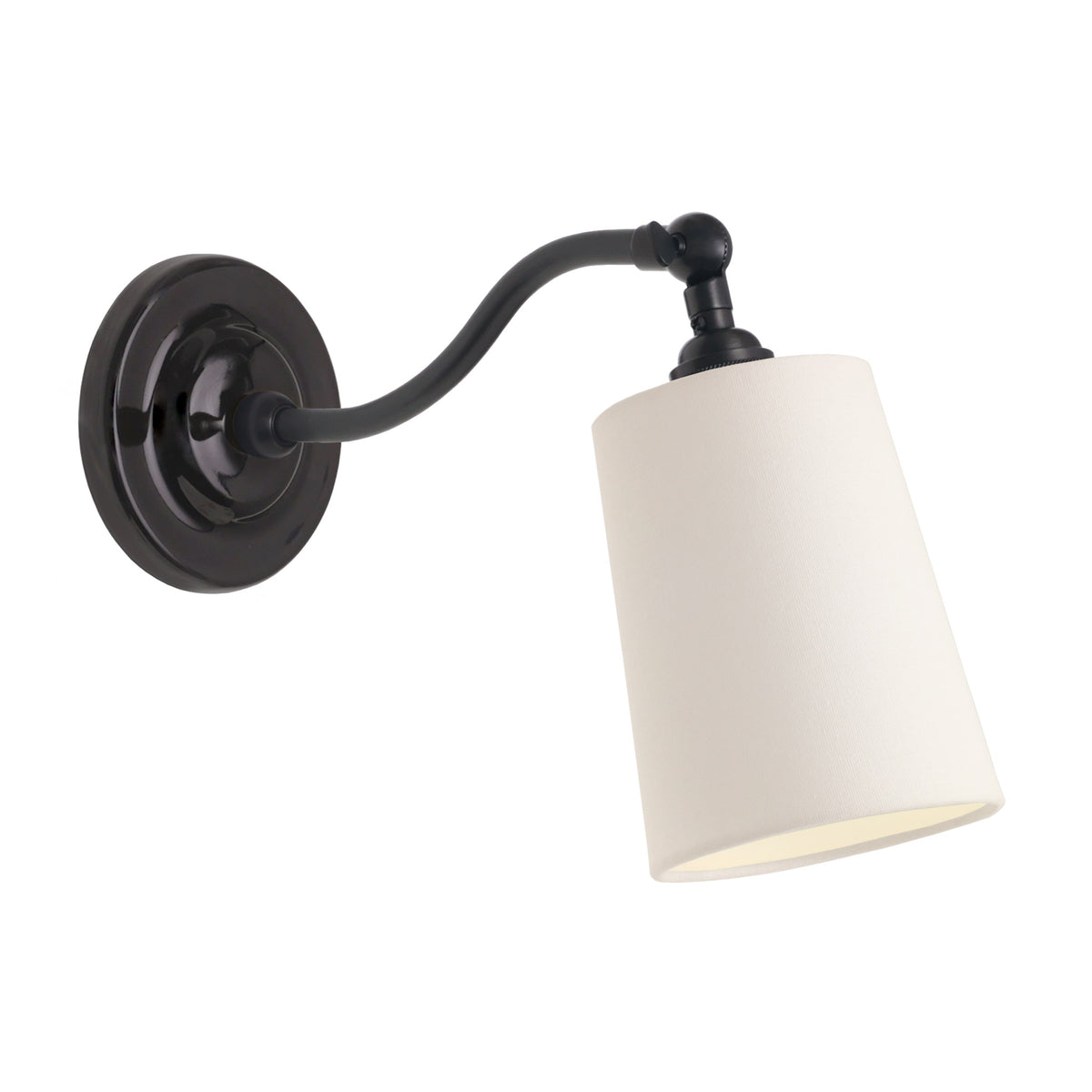 Grace Linen Sconce shown in Graphite Patina with a Gloss Black Ceramic canopy