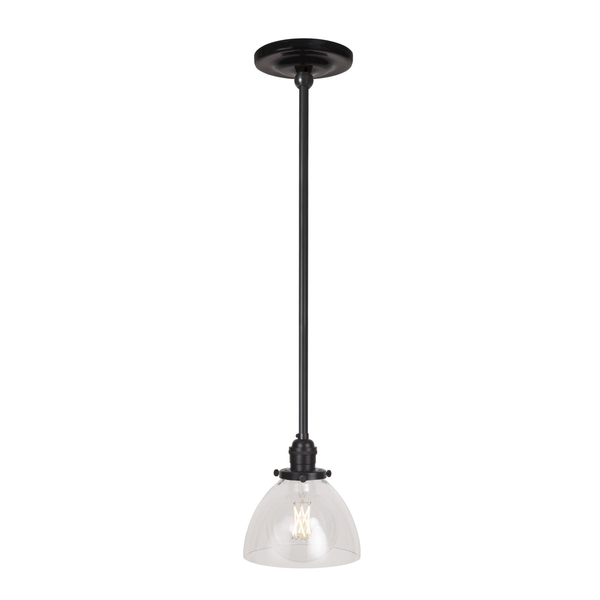 Grace Rod Pendant shown in Graphite Patina with a Gloss Black Ceramic canopy