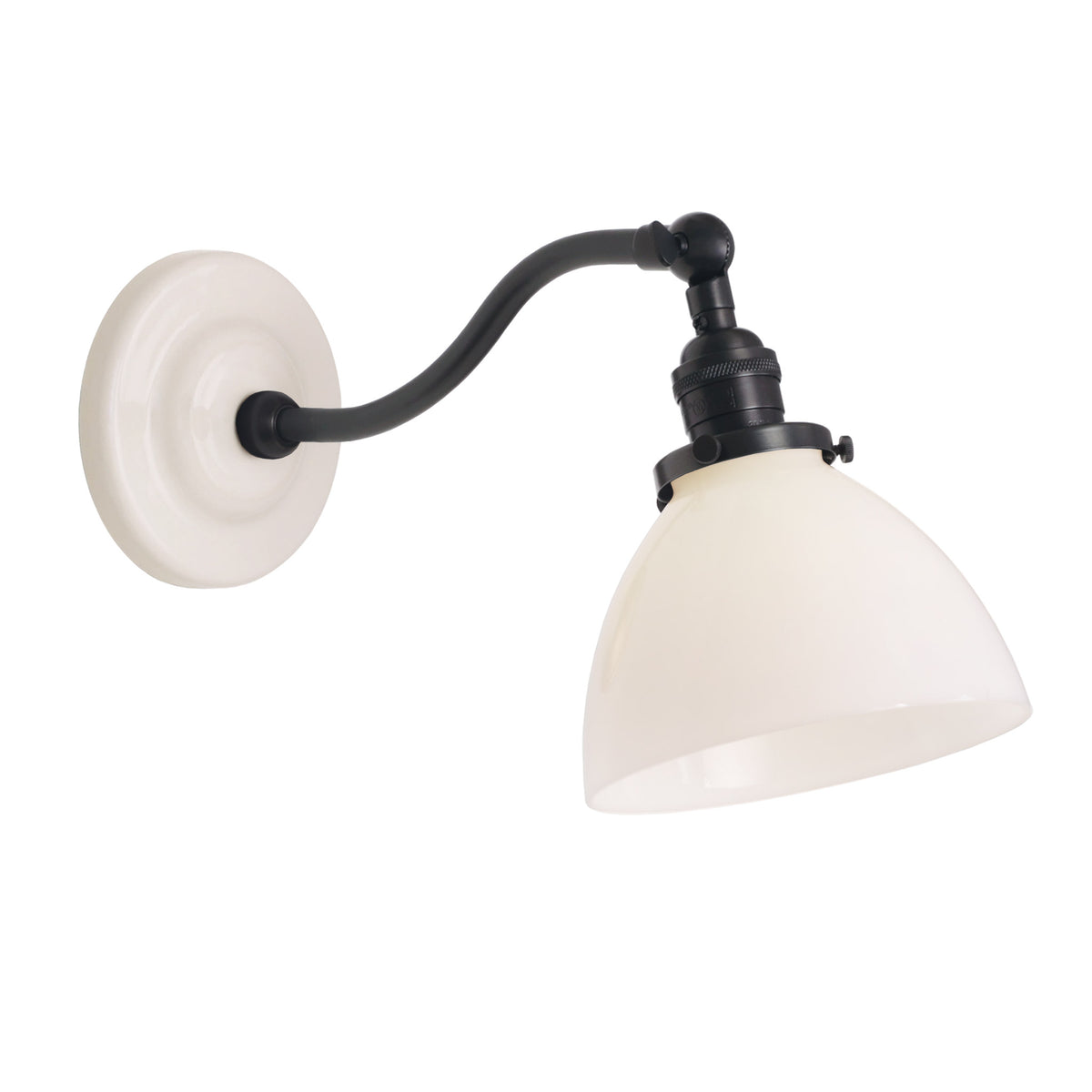 Grace Sconce shown in Graphite Patina with a Gloss White Ceramic canopy and Opal Glass shade