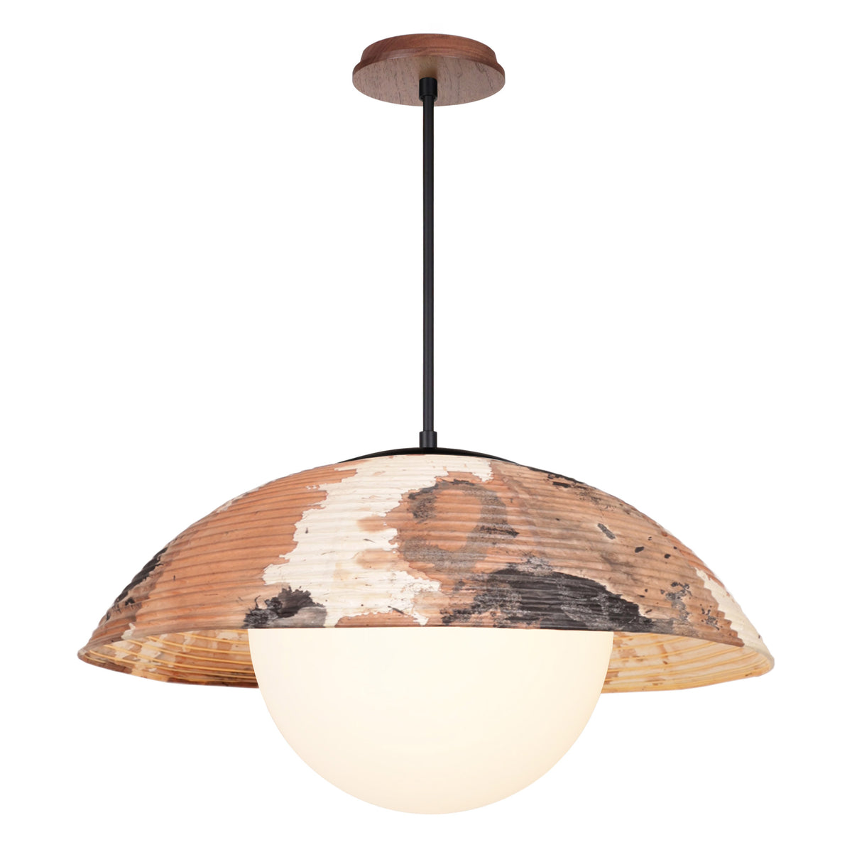Maru Pendant with a Kakishibu Shade shown in Matte Black with a Walnut Wood canopy