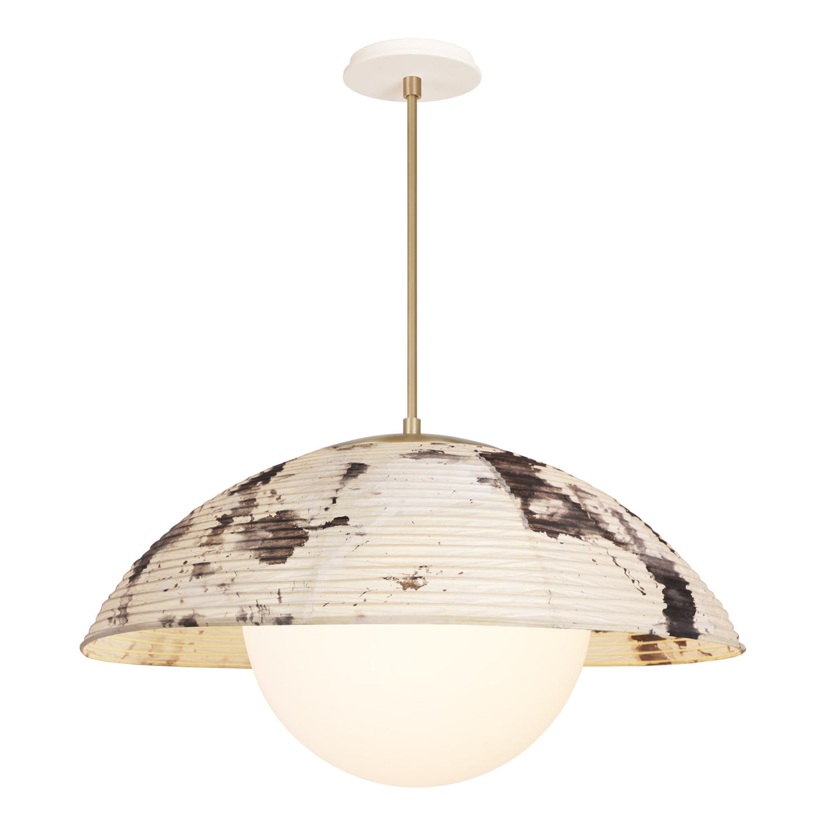 Maru Pendant with a Sumi Shade shown in Brass with a Bone Ceramic canopy