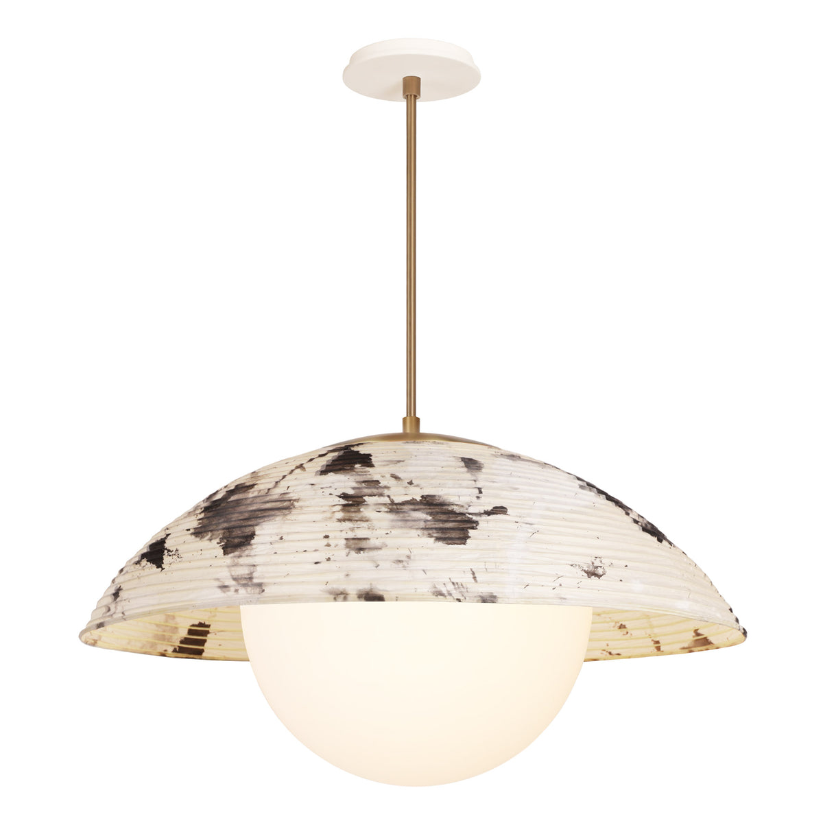 Maru Pendant with a Sumi Shade shown in Heirloom Brass with a Bone Ceramic canopy
