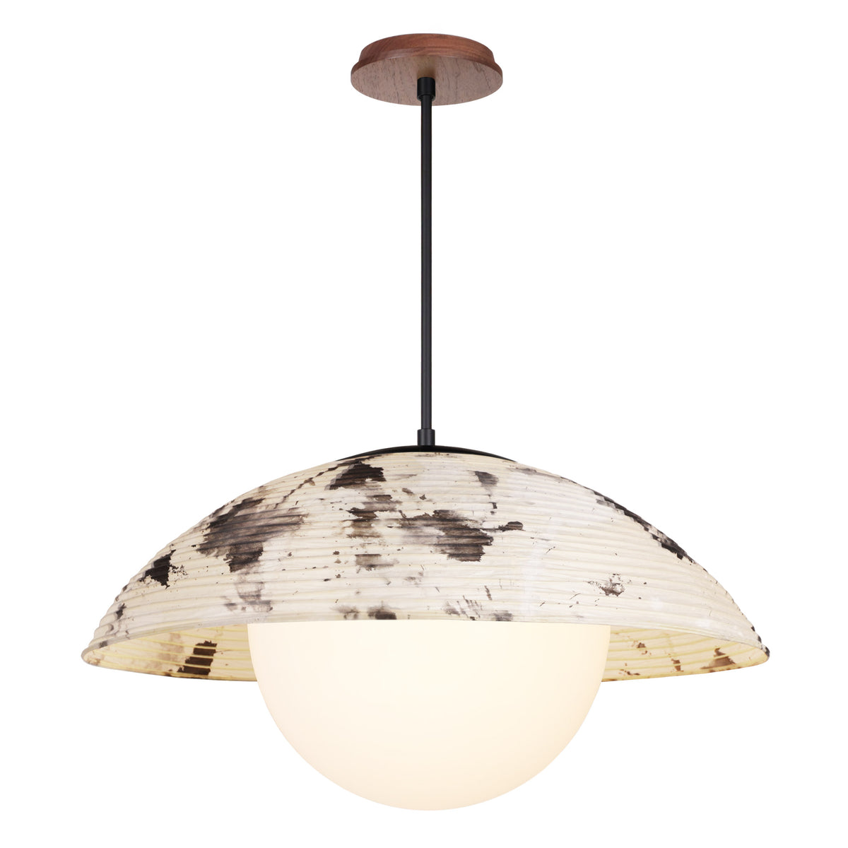 Maru Pendant with a Sumi Shade shown in Matte Black with a Walnut Wood canopy