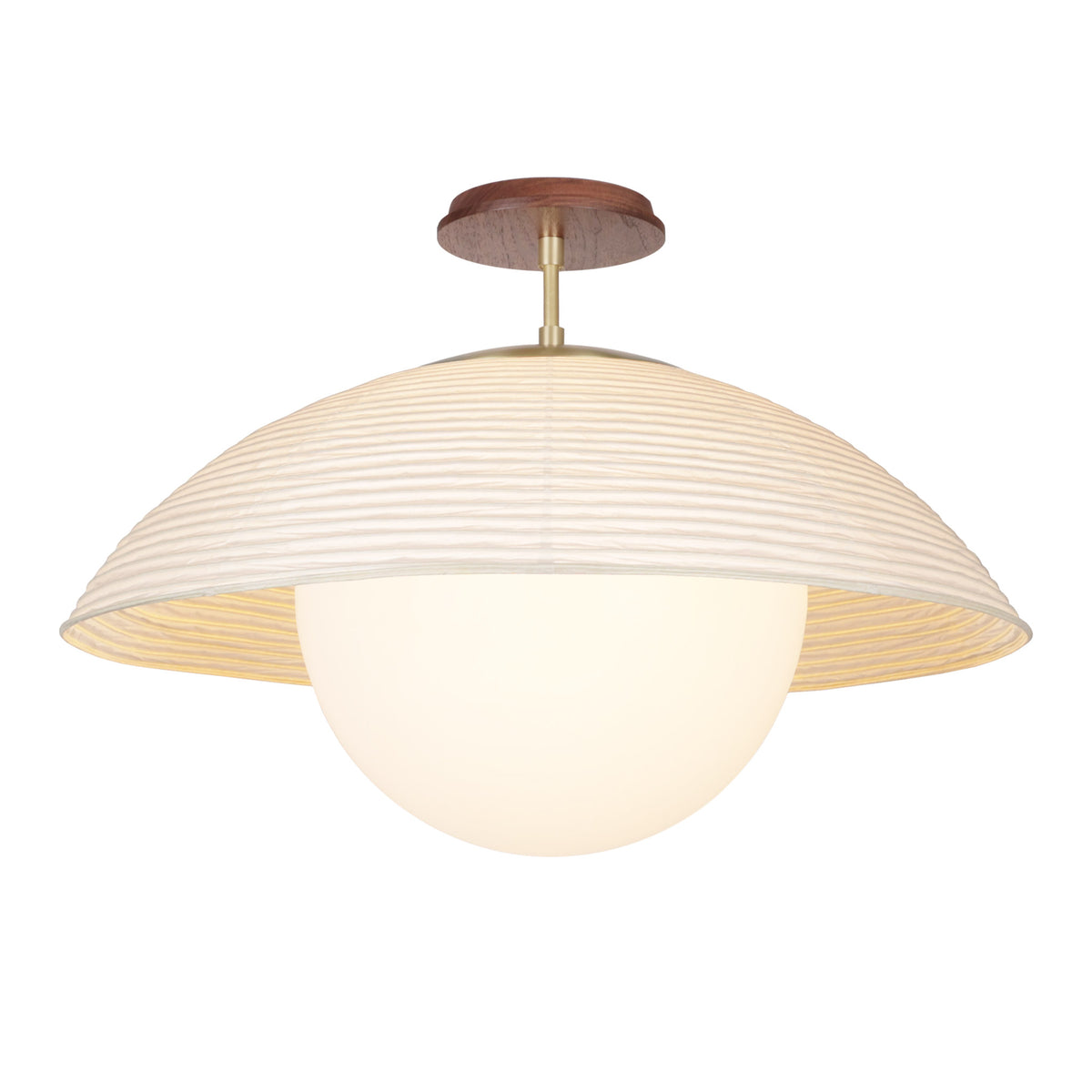 Maru Surface with a Natural shade shown in Brass with a Walnut Wood canopy