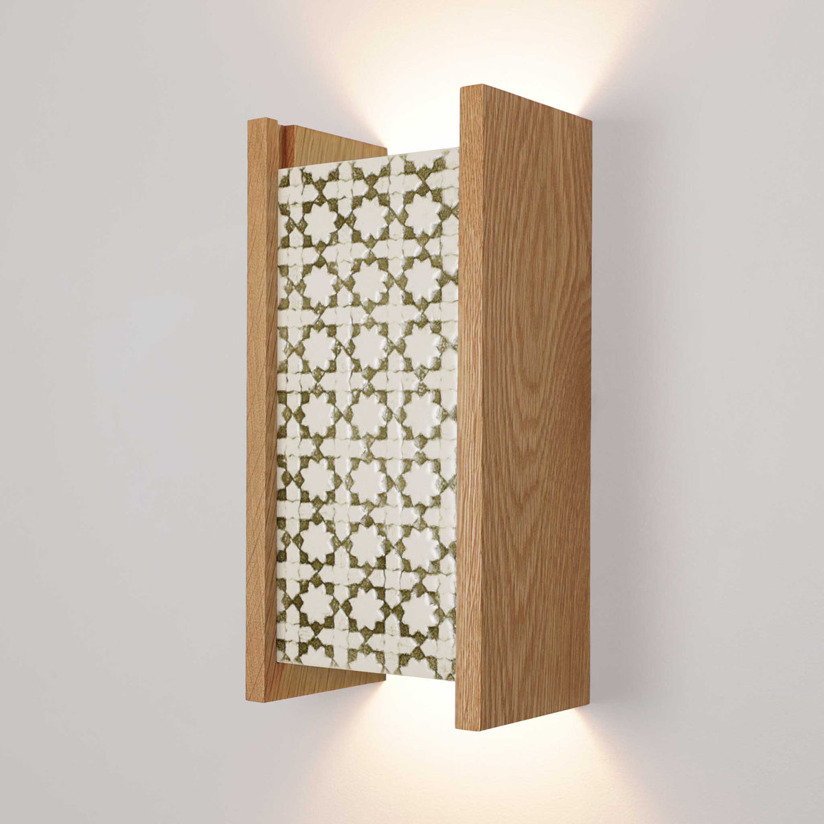 McKenzie Sconce shown in Oak with a Thyme Ceramic Finish
