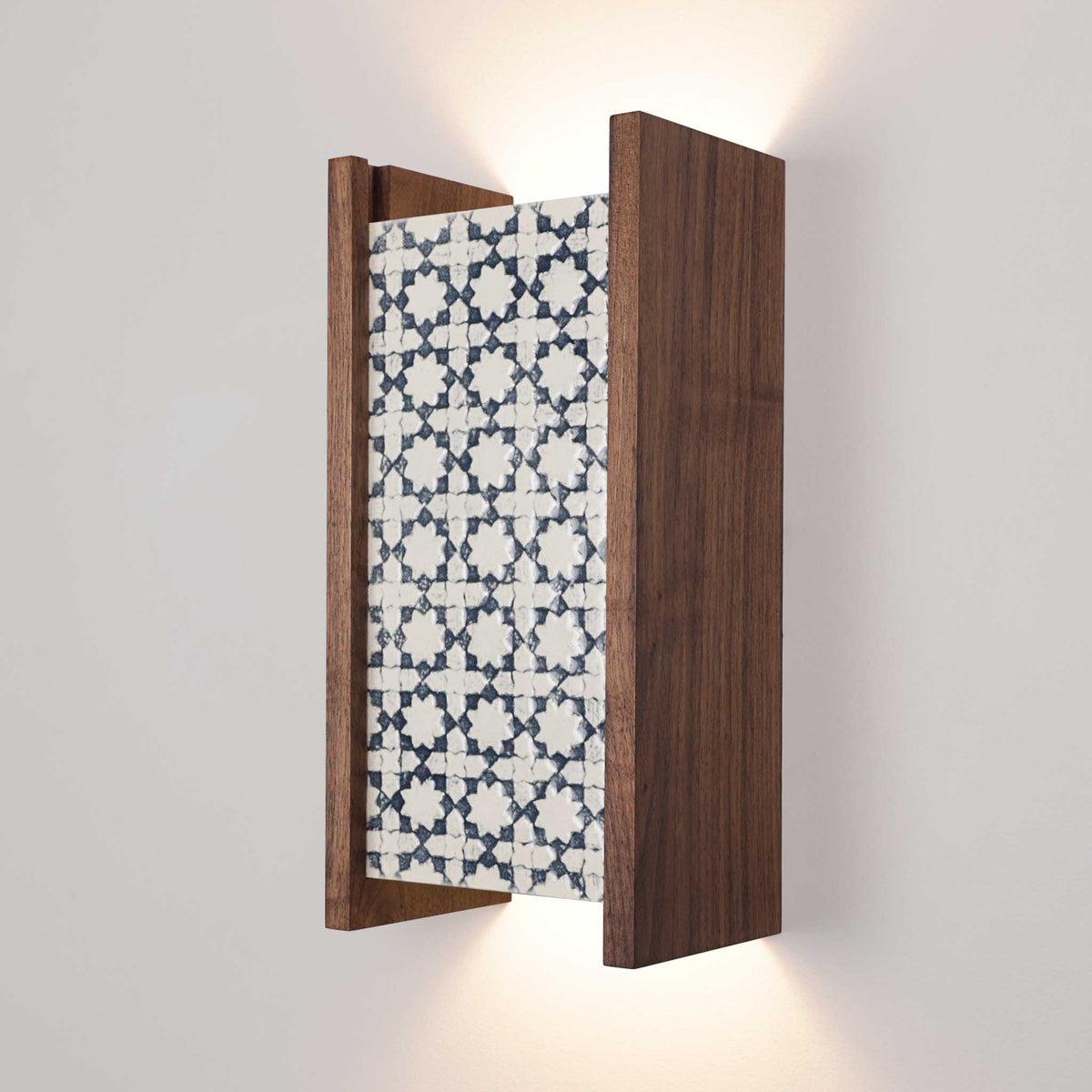 McKenzie Sconce shown in Walnut with a Indigo Blue Ceramic Finish