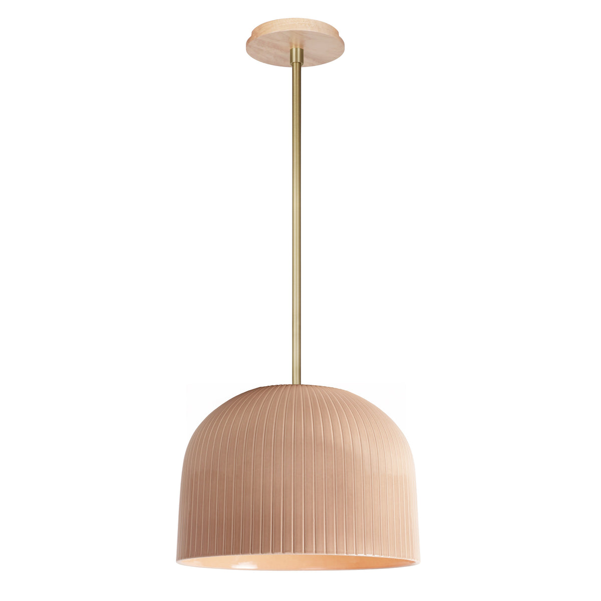 Morgan Pendant shown in Gloss Dusty Rose Glaze and Brass with a Maple Wood Canopy