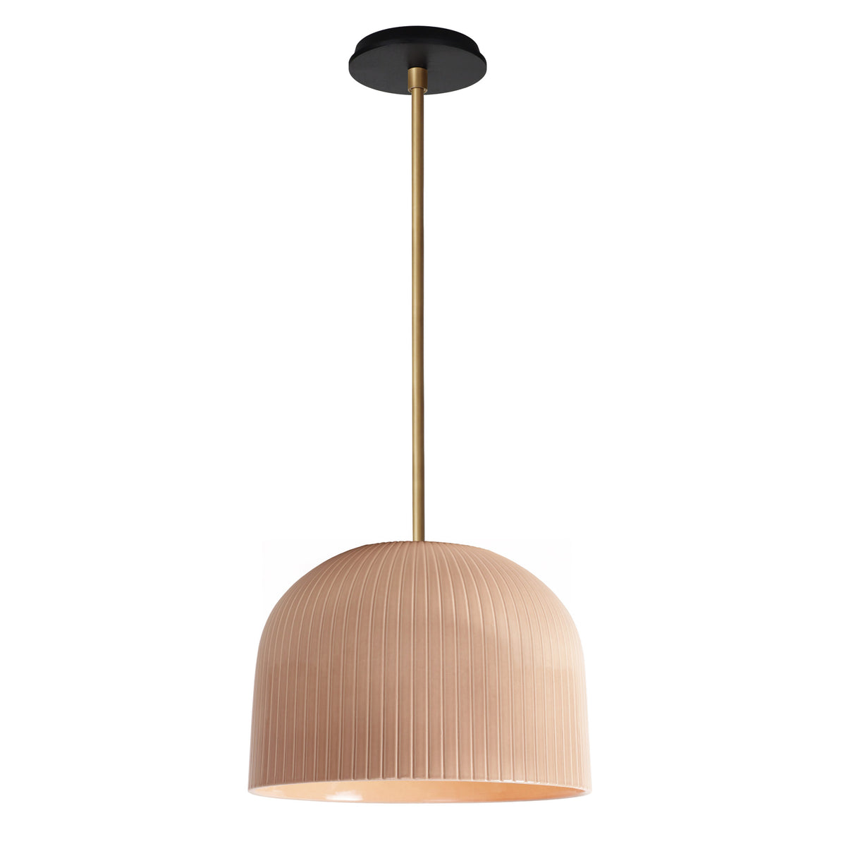 Morgan Pendant shown in Gloss Dusty Rose Glaze and Heirloom Brass with a Black Stained Wood Canopy