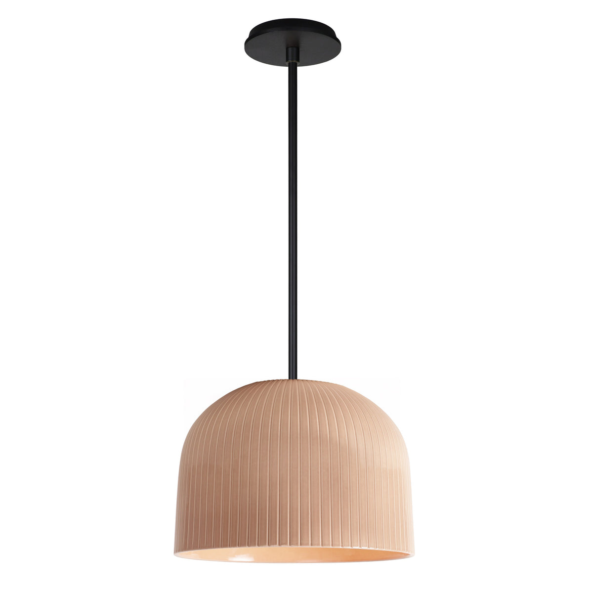 Morgan Pendant shown in Gloss Dusty Rose Glaze and Matte Black with a Black Stained Wood Canopy