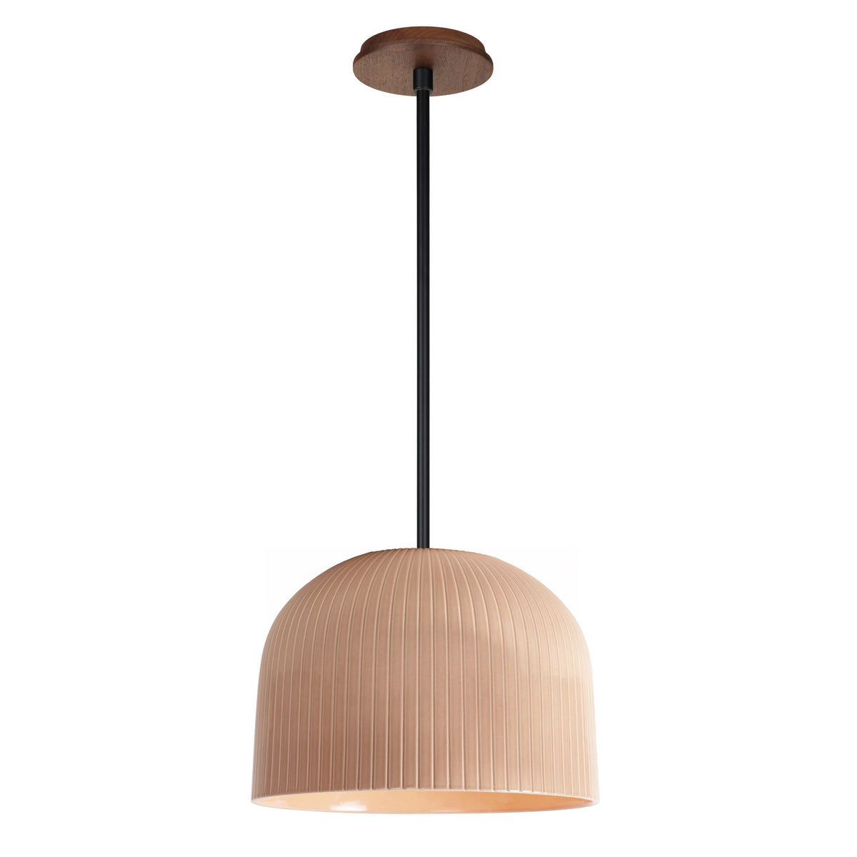 Morgan Pendant shown in Gloss Dusty Rose Glaze and Matte Black with a Walnut Wood Canopy