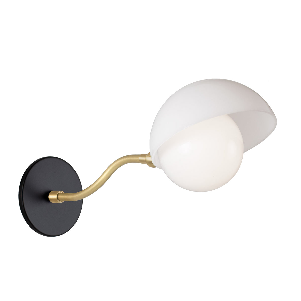 Noor Curve Sconce shown with a White Opal Acrylic Shade, Brass Arm and Matte Black Canopy