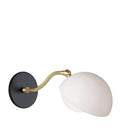 Noor Curve Sconce shown with a White Opal Acrylic Shade, Brass Arm and Matte Black Canopy