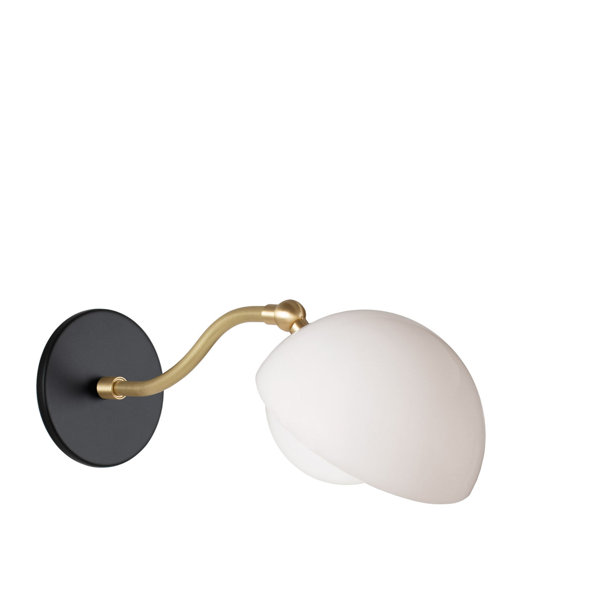 Noor Curve Sconce shown with a White Opal Acrylic Shade, Brass Arm and Matte Black Canopy