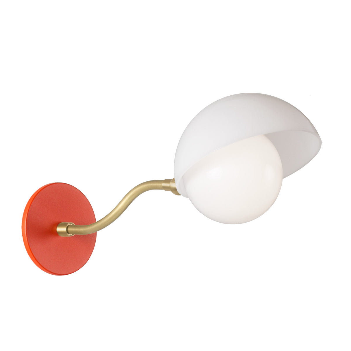 Noor Curve Sconce shown with a White Opal Acrylic Shade, Brass Arm and Persimmon Canopy