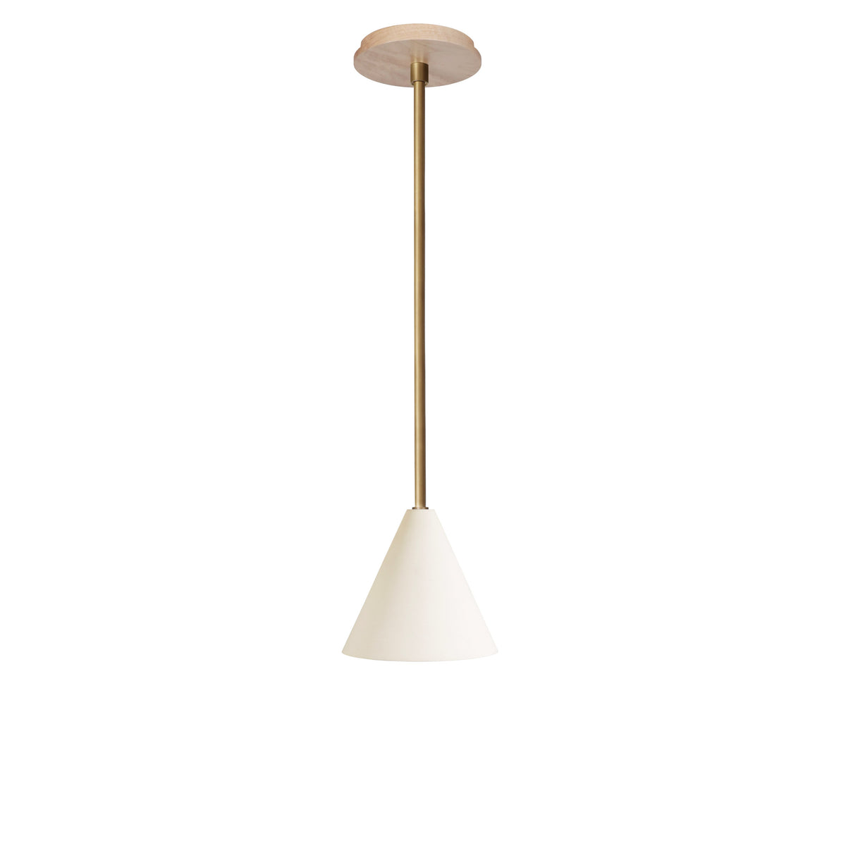 Petra Ceramic Pendant shown in Heirloom Brass and a Maple Wood canopy