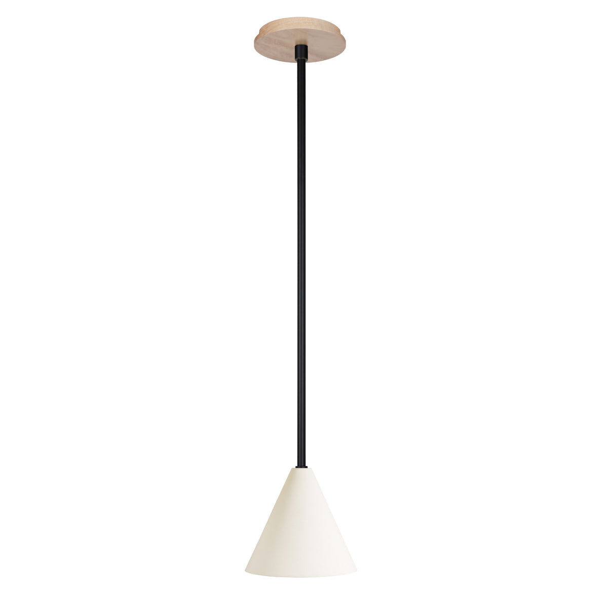 Petra Ceramic Pendant shown in Matte Black with a Maple Wood canopy