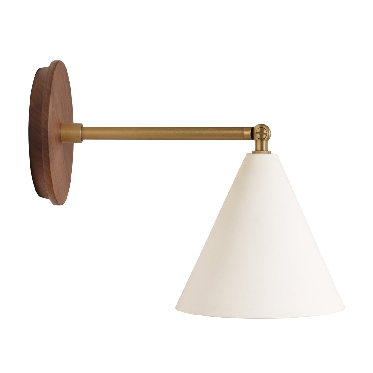 Petra Ceramic Sconce shown in Heirloom Brass with a 6" rod and Walnut Wood canopy
