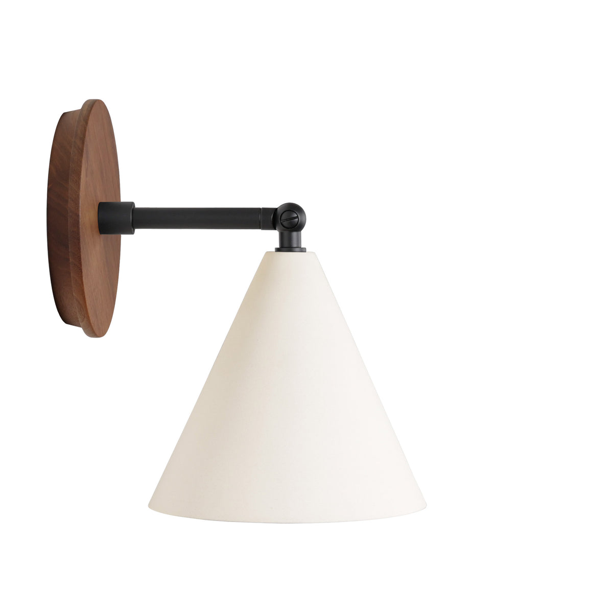 Petra Ceramic Sconce shown in Matte Black with a 3" rod and Walnut Wood canopy