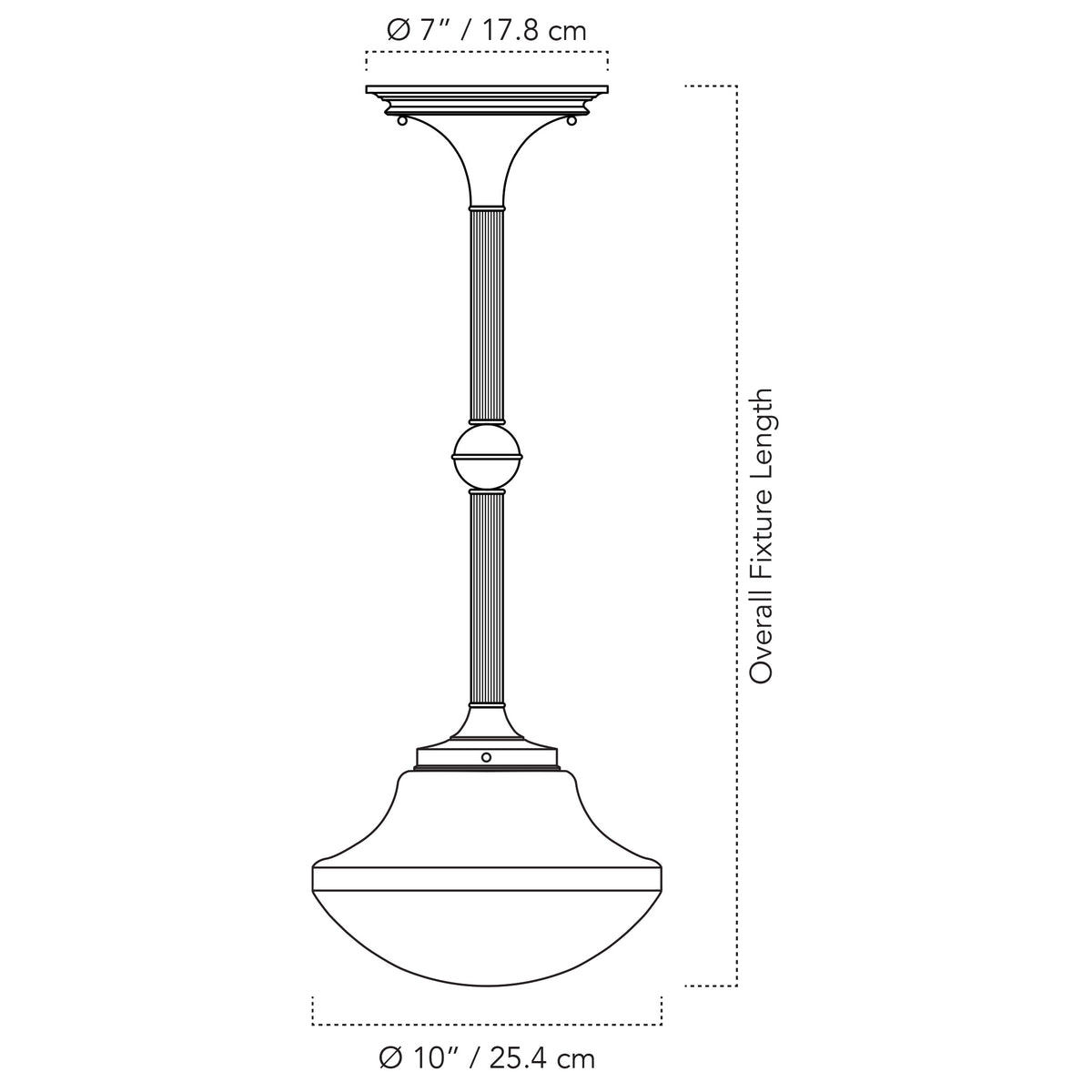 Cedar & Moss Sorbonne Pendant with 10" tulip shade drawing with dimensions